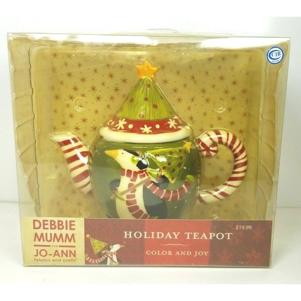 Debbie Mumm Holiday Teapot "Color And Joy" Penguin woth Christmas tree 7.5" tall